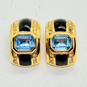 1980s‎ CHRISTIAN DIOR Black Enamel Blue Crystal Gold Plated Clip On Earrings Vtg